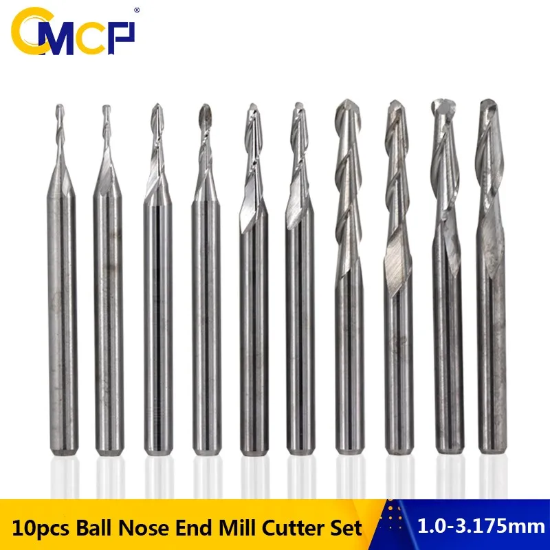 CMCPBall Mũi Cấp Cối Xay Cắt Bộ 10 Chiếc 1/8 ''(3.175Mm) lắc Chân Carbide Xoắn Ốc CNC Router Bit Khắc Gỗ Bit Cụ Xay