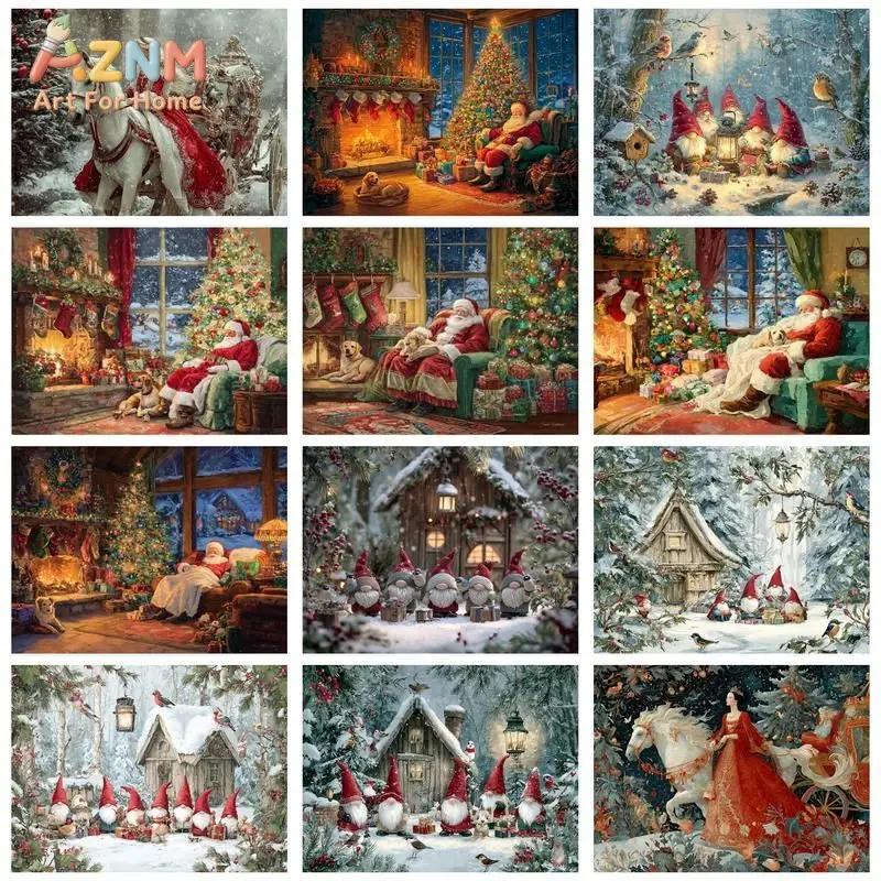 AZNM, Vintage Santa Claus Gnome Christmas Canvas Wall Art, 2D Flat Frameless Print, Cozy Winter Holiday Snow Scene Painting Post
