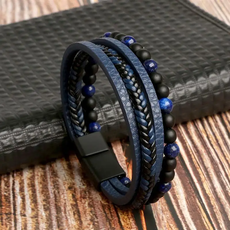 19/21/23Cm Handgeweven Lederen Armband Van Hoge Kwaliteit Meerlagige Tijgeroog Kralen Leren Mannen Armband Punk Armband Voor Mannen Sieraden
