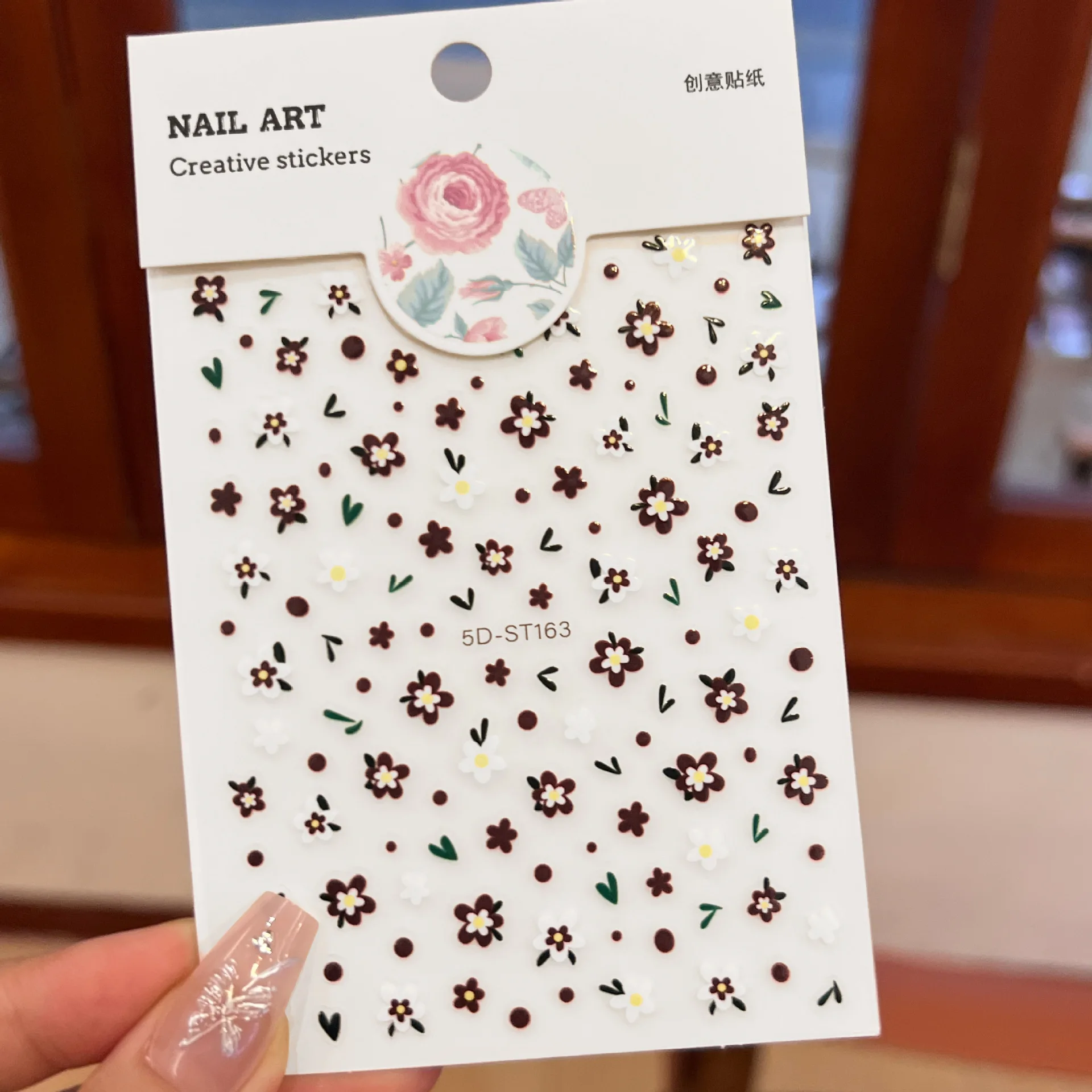 

5D Embossed Stickers - Plum-Colored White Flowers with Green Leaves and Plum Polka Dots | For Nails, Journals and Phones