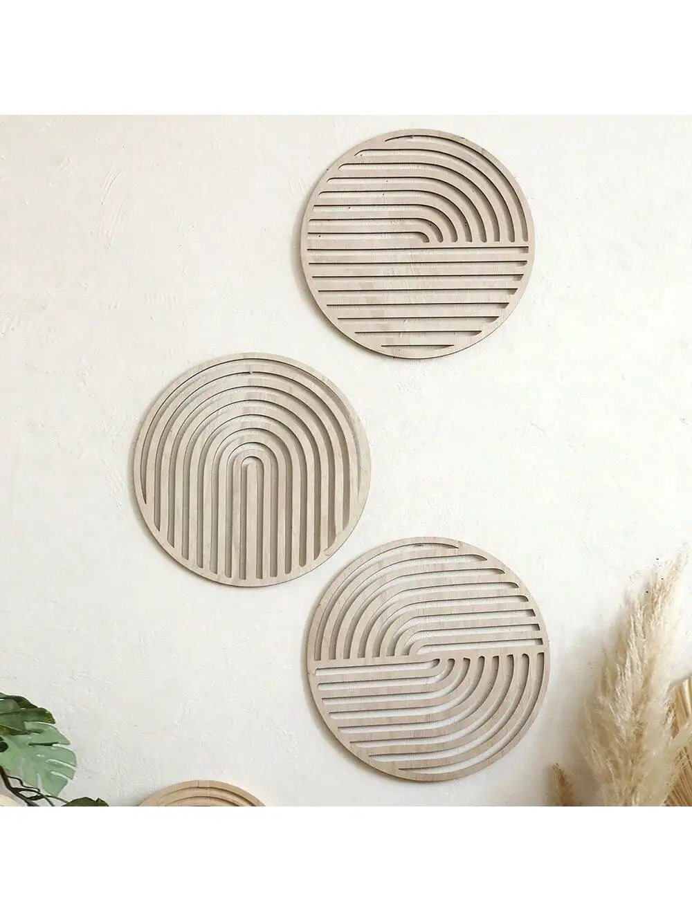 Arte de pared rústico granulado de madera, decoración de pared de granja, diseño hueco exquisito de madera, decoración de pared, arte de pared redondo elegante para Li, 3 uds.