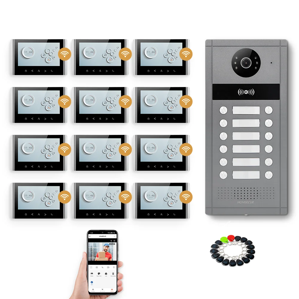 

HOMSECUR Tuya App Video Door Phone Intercom Doorbell Auto Recording RFID Access For 12 Families