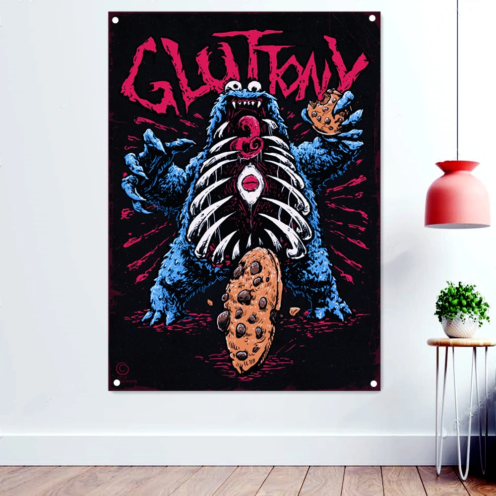 GLUTTONY Heavy Metal Art Poster Banners Rock Band Flags Macabre Tattoos Art illustration Wall Hanging Bar Cafe Home Decoration