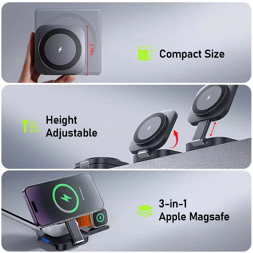 Foldable 3 in 1 Magnetic Wireless Charging for Apple Charger Stand for iPhone 15 Pro 14 13 12 iWatch Airpods 2 3 Charger