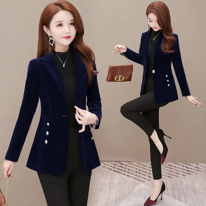 Gold Velvet Suit Jacket Women\'s Spring Clothes 2023 New Spring Autumn Women\'s Professional Suit Jacket Mother Blazer Wine Red