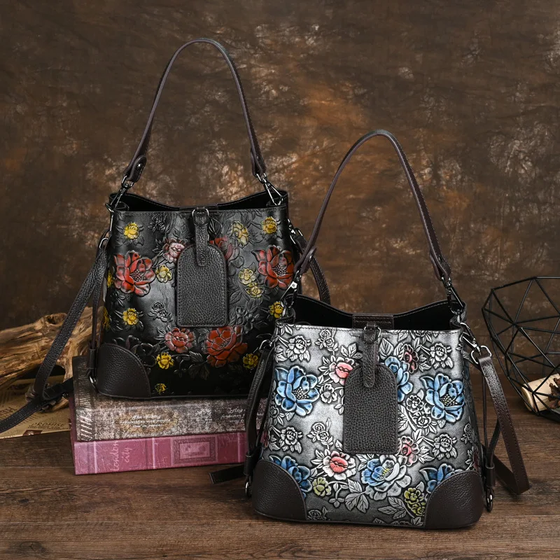 

New women's leather bucket bag retro shoulder new first layer cowhide versatile middle-aged and elderly fashion simple leisure b
