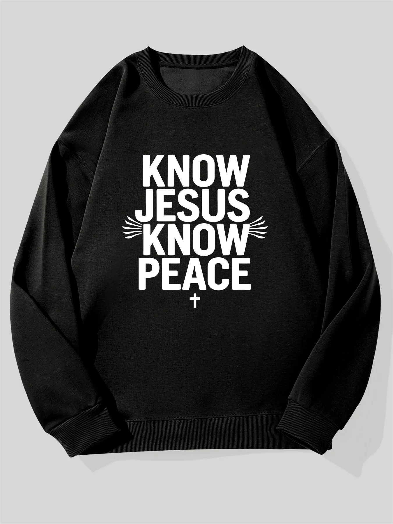 

Men's KNOW JESUS KNOW PEACE Christian Faith Sweatshirt - Black with White Greek Cross & Bible Verse Design, Loose Fit