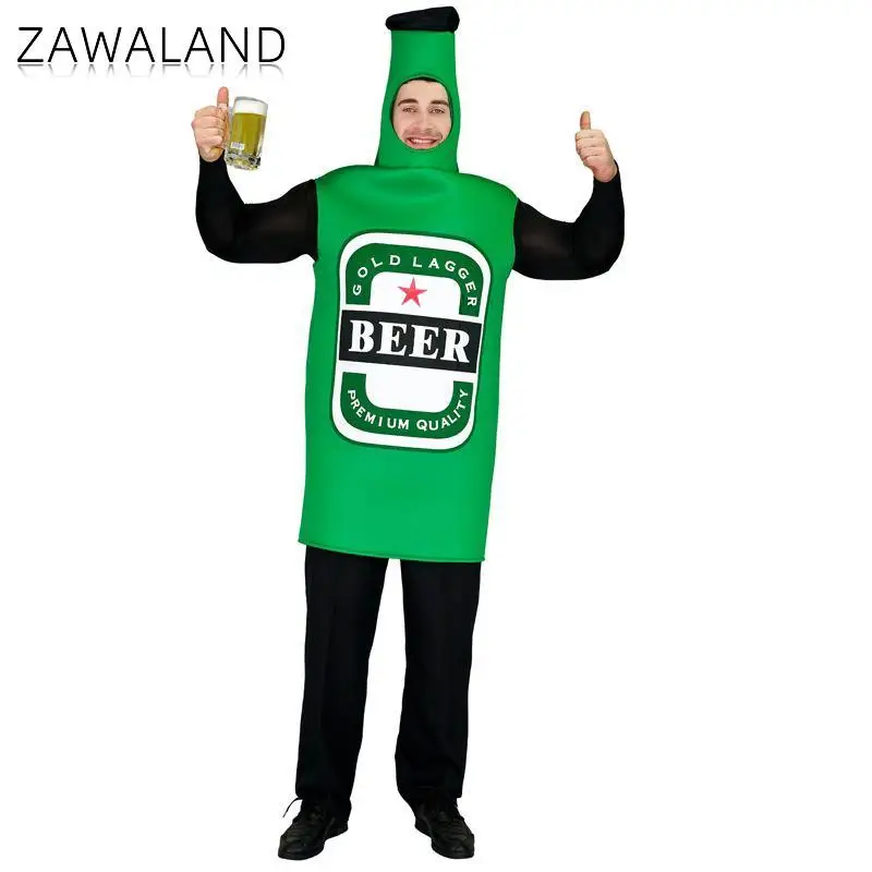 Zawaland Beer Bottle Print Cosplay Costume Men Funny Purim Carnival Jumpsuit Green Holiday Suit Comfortable Adult Party Clothes