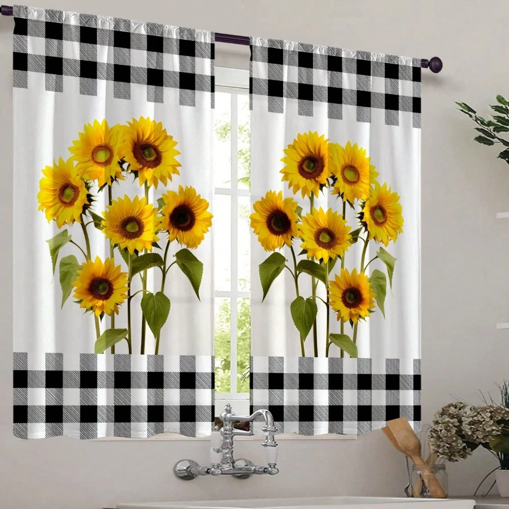 2pcs Modern Fresh Grid Sunflower Printing Decorative Kitchen Curtains for Decorating Bedrooms Study Rooms Cafes and Living Rooms