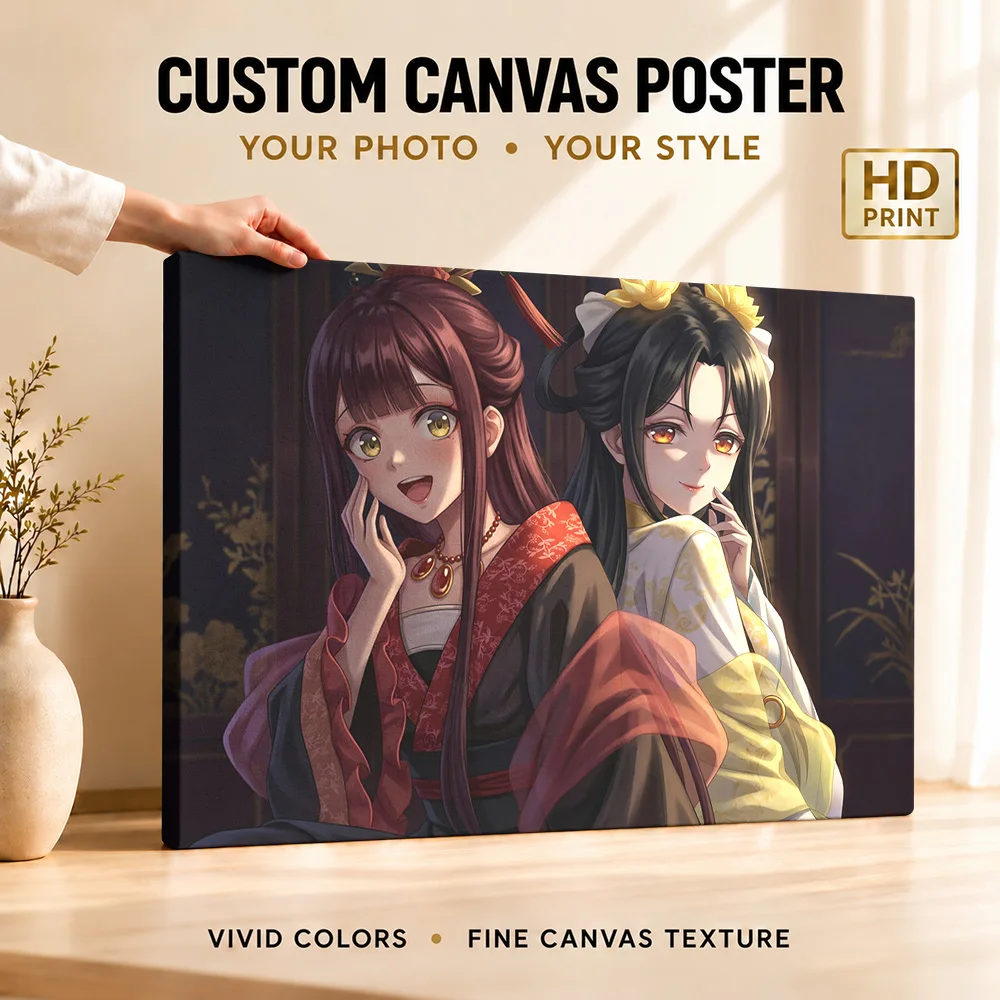 Two Anime Girls In Traditional Attire Gallery Wrapped Canvas Print Customized Photo Character Illustration Wall Art For Bedroom