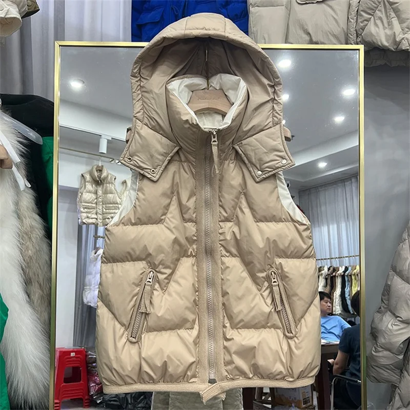 New Winter Hooded Down Waistcoat Women Light Thin White Duck Down Vest Coat Lady Sleeveless Warm Puffer Jacket Parkas Short Tank