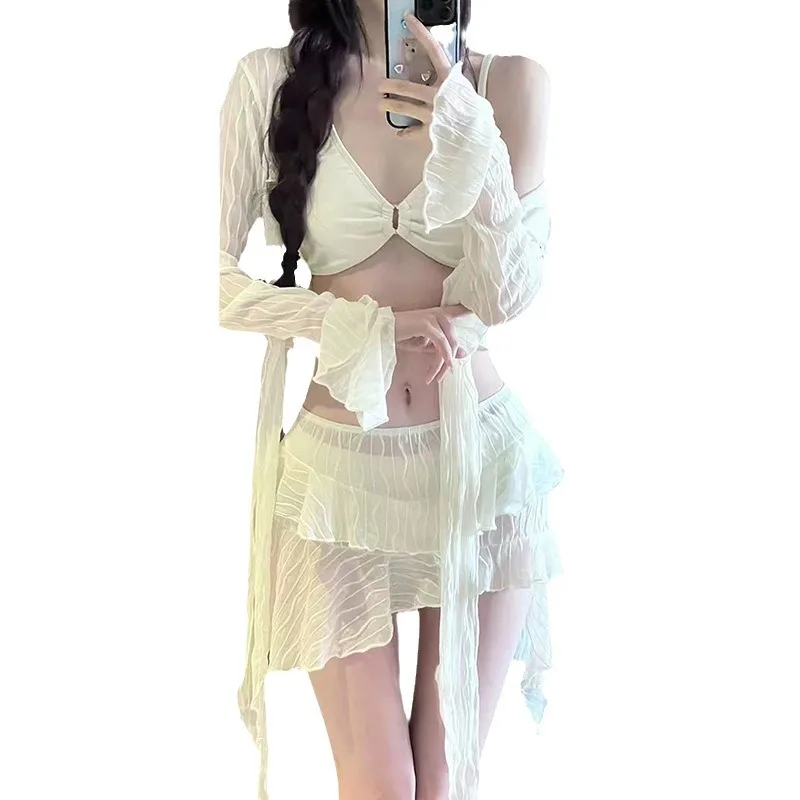 sexy Korean fashion beige plain bikinis sets 4pcs irregular long sleeve cover tops mini skirt swimsuit swimwear bathing suit