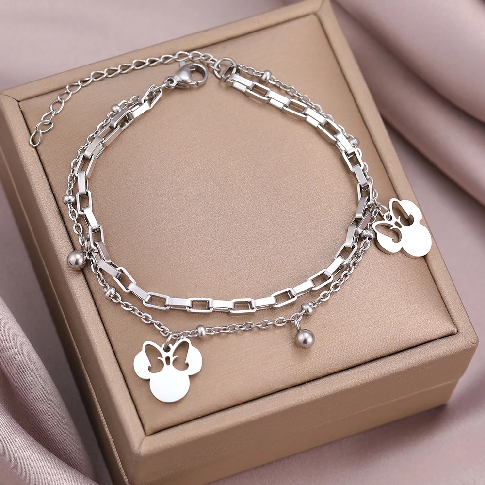 Stainless Steel Bracelets Cute Cartoon Anime Bow Mouse Pendant Bells Beads Layer Chain Bracelet For Women Jewelry Party Gifts