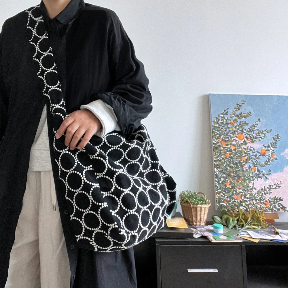 Heavy Embroidery Cotton Linen Hobo Bag Women's Crossbody Bag Large Capacity Shoulder Bag Japanese Style All Black And White C...