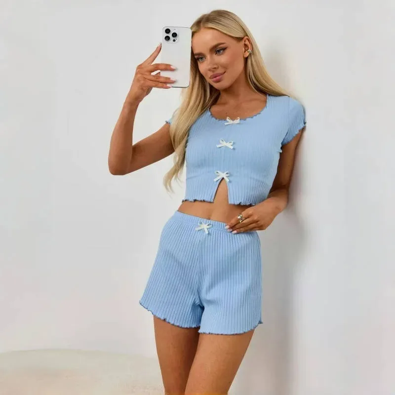 

Bow Split Short-sleeved Knitted Women's Pajamas with Shorts Summer Sweet Slim Crop Top Pajamas Solid Home Set Female Clothes