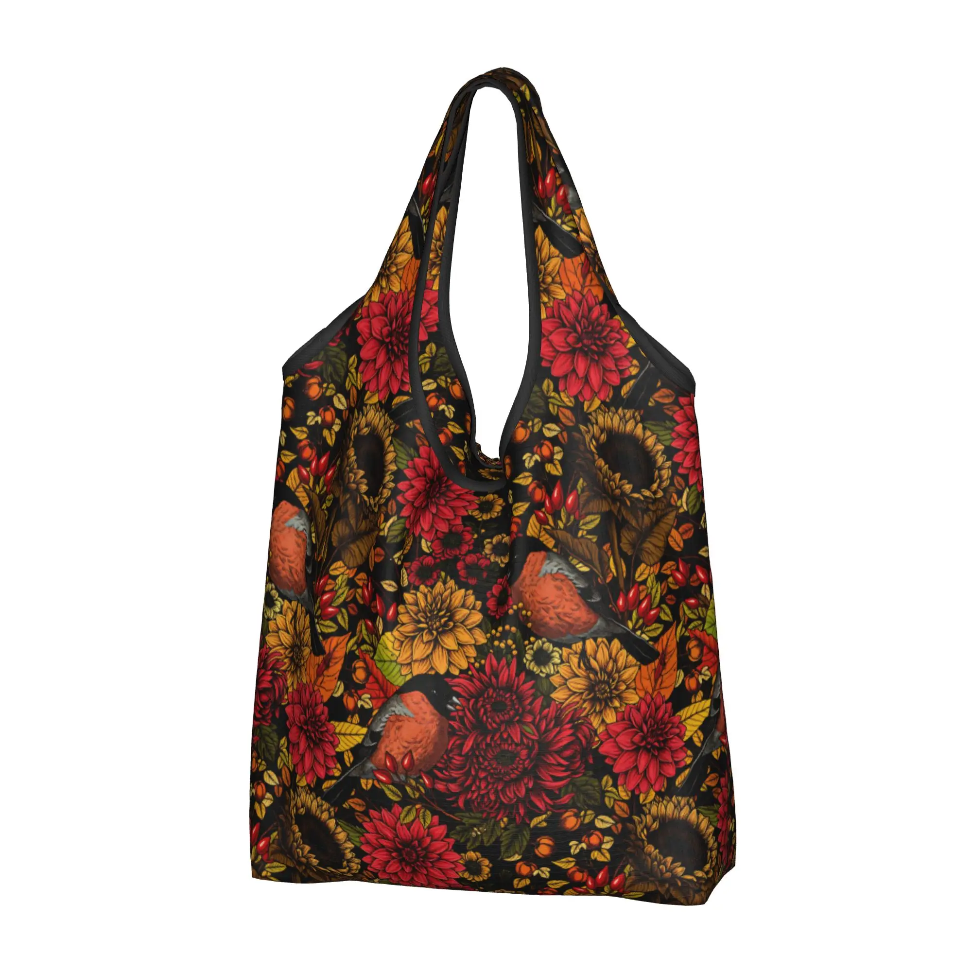 Recycling Bird Autumn Garden Flowers Shopping Bag Women Tote Bag Portable  Grocery Shopper Bags
