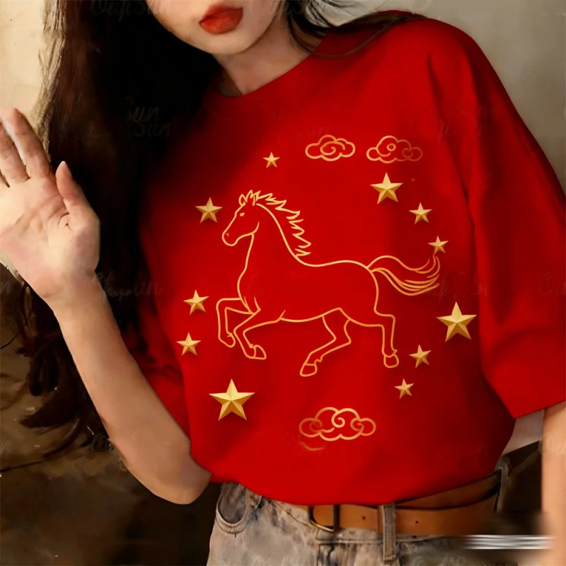 New Year Pattern T Shirt For Women Horse Year 3D Printed Tees Summer Casual Street O-Neck Tops Short Sleeves Oversized T-Shirts
