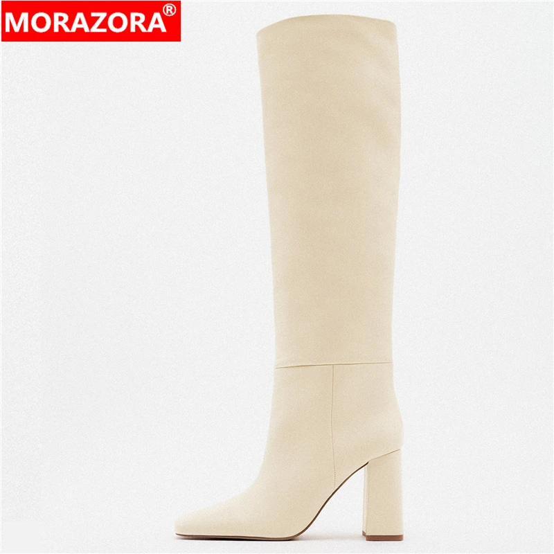 2023 ZA Fashion New Genuine Leather Boots Women Knee High Boots Round High Heels Square Toe Winter Boots