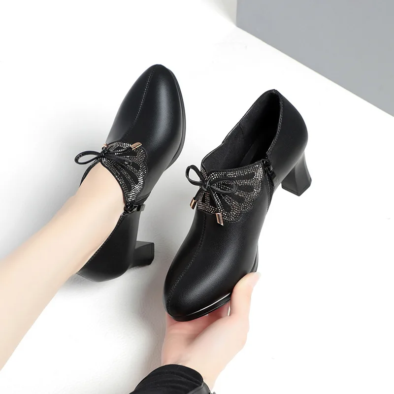 Deep Mouth Block Heels Platform Shoes Women Pumps 2024 Pointed Toe Soft Leather High Heel Office Black Elegant Bow Tie Retro