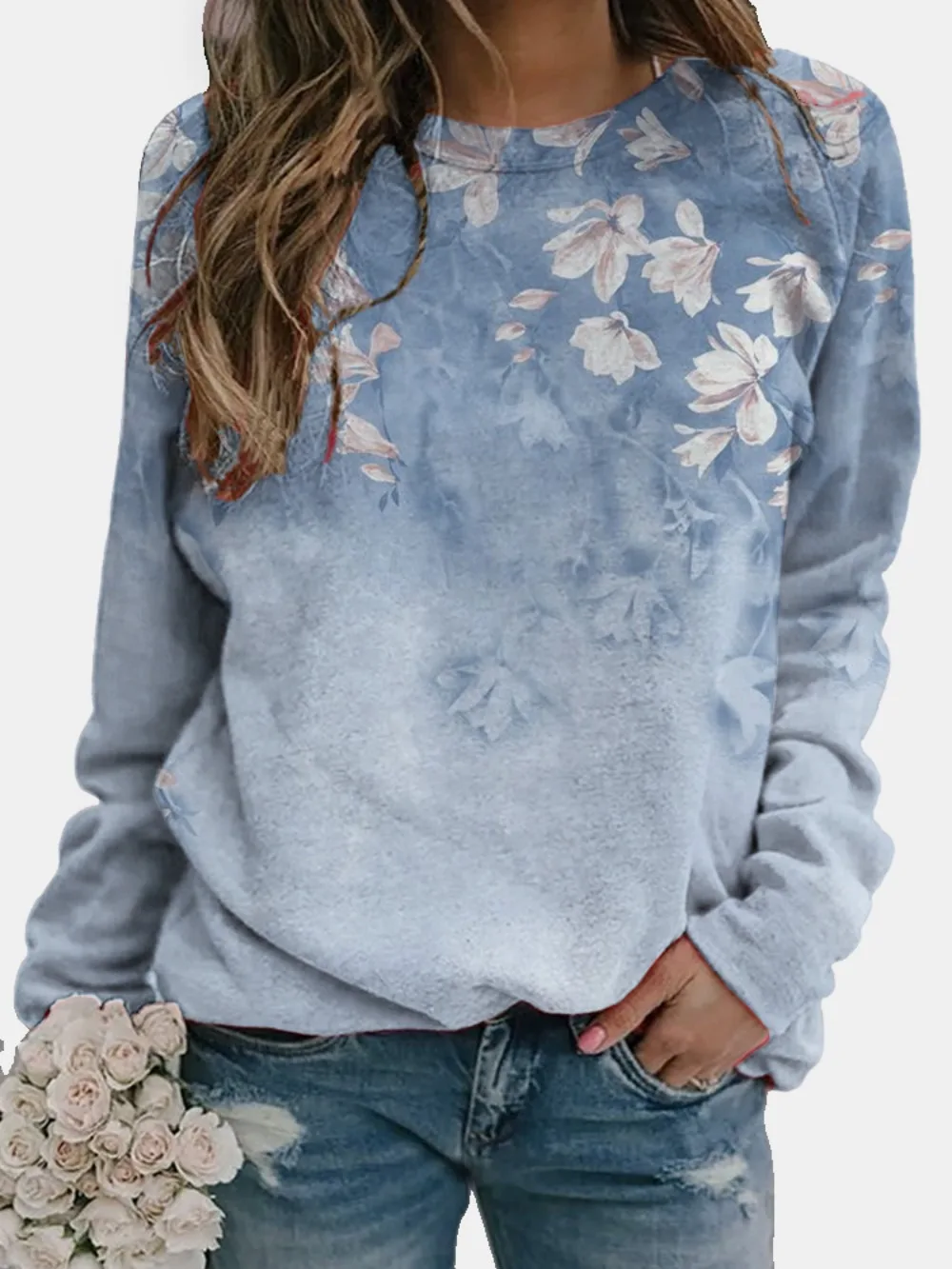 Women\'s Fashion Casual Loose Hoodie Round Neck 3D Flower Print Long Sleeved T-shirt Pullover Spring and Autumn Top