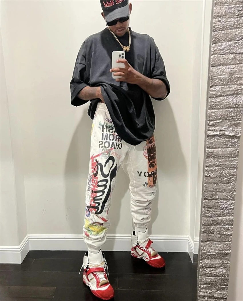 

Winter Vintage Saint Japanese Street Prank Graffiti Printed Washed Pants High Street Casual Pure Cotton Fleece Sports Trendy
