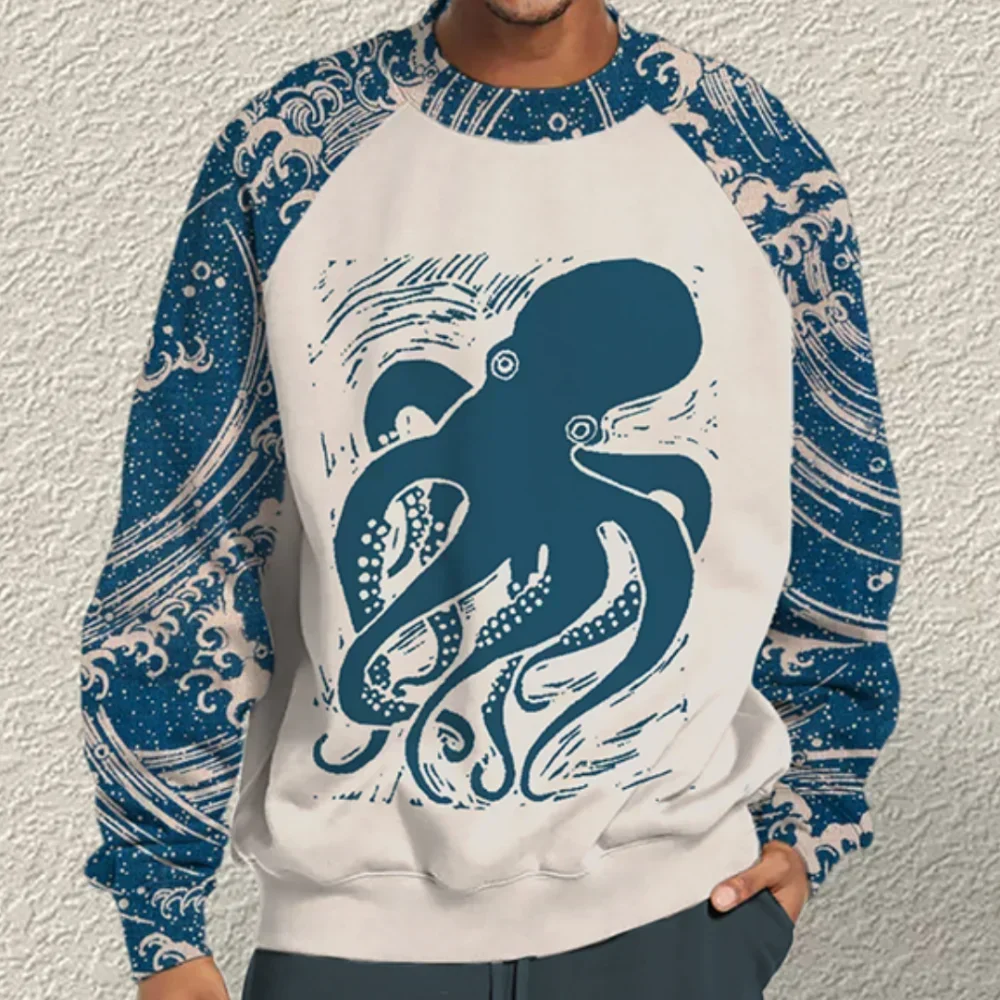 

Japanese Ukiyoe men's long-sleeved sweatshirt autumn octopus pattern round neck pullover street men's sweatshirt