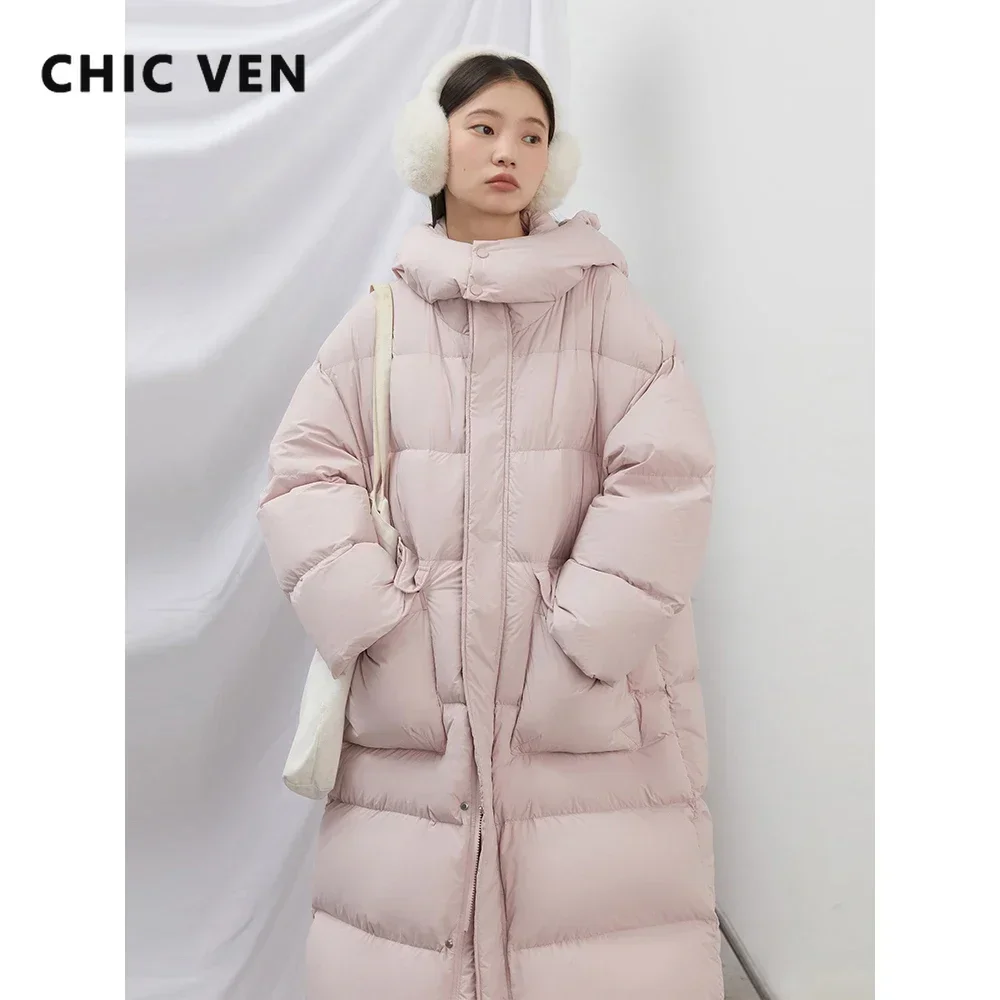 CHIC VEN Korean Women Down Coats Loose Solid New 90 White Duck Down Hooded Windproof Long Female Puff Down Jacket Winter 2024