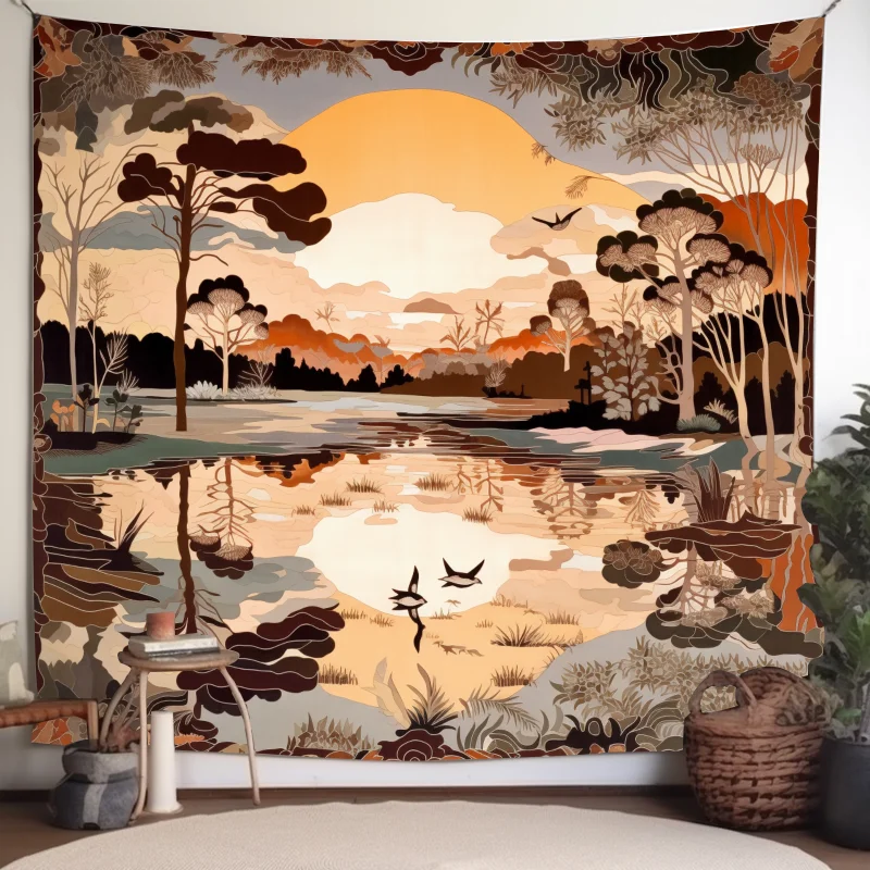 

100% Polyester Mountain River Sunset Oil Painting Tapestry，Mountain River Sunset Scenery for Room Decor with Oil Painting Effect