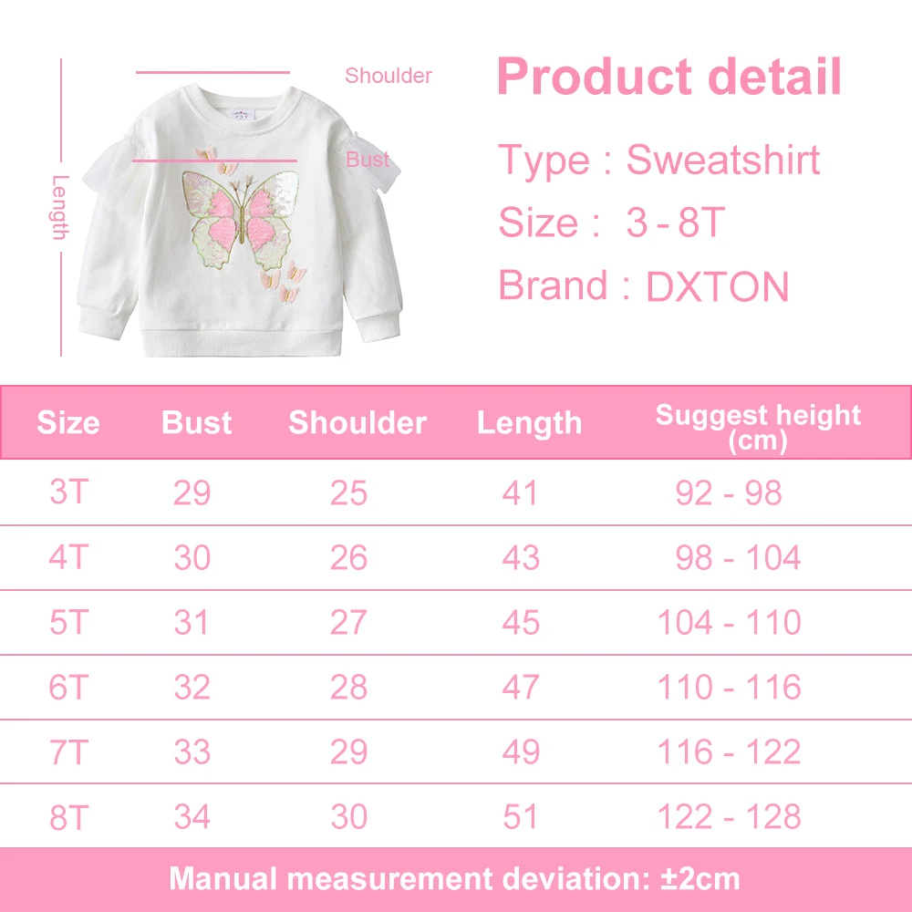 DXTON Girls Sweatshirts Spring Autumn Long Sleeve T-Shirt For Girls Sequined Butterfly Kids Tops Casual Sports Children Clothing