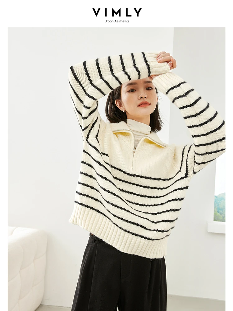 Vimly Contrast Striped Sweater 2023 Winter Knitted Pullovers Half Zipper Lapel Loose Tops High Strecth Jumpers Knitwear 16369