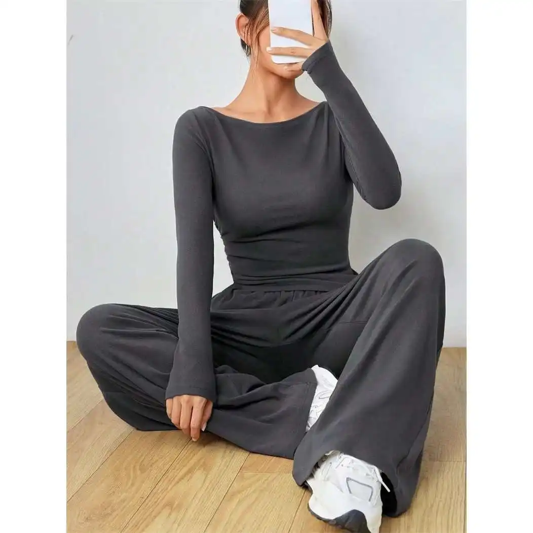 

Casual Wide Leg Pants Set Long Sve Women's Leisure Suit Seven-Foot Length Polyester Fiber V-Ne f Zipper Spring Collec...