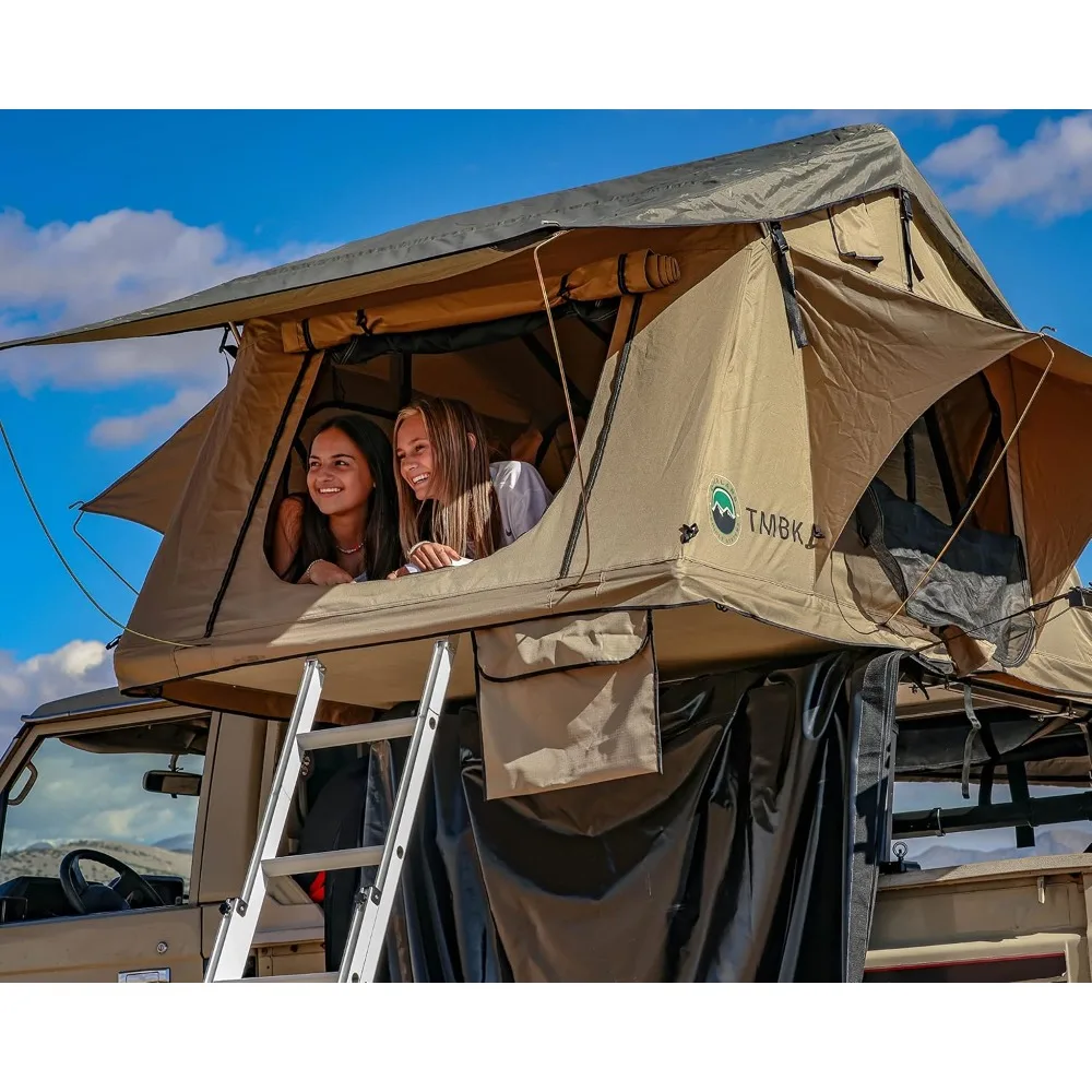 3 person rooftop tent with rainfly tan base and green rainfly