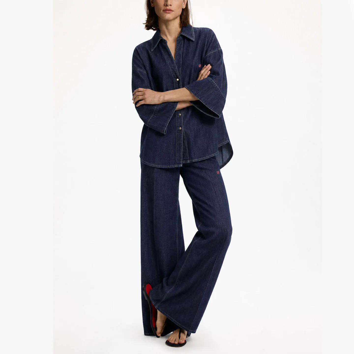 CH Damen Denim Zweiteiler Set: Oversized Knopfhemd und Weite Jeans, Lässiges Streetwear-Outfit für Frühling und Herbst – Detail 5