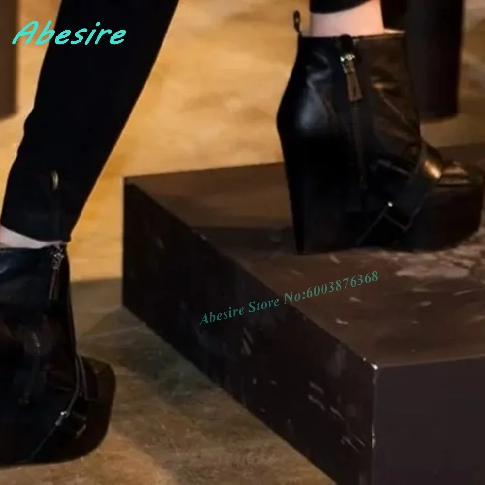 Wedges Heels Side-Zipper Buckle Strap Women's Boots Black Faux Leather Platform Ankle Boots Punk Street-Style Fashion Show Shoes