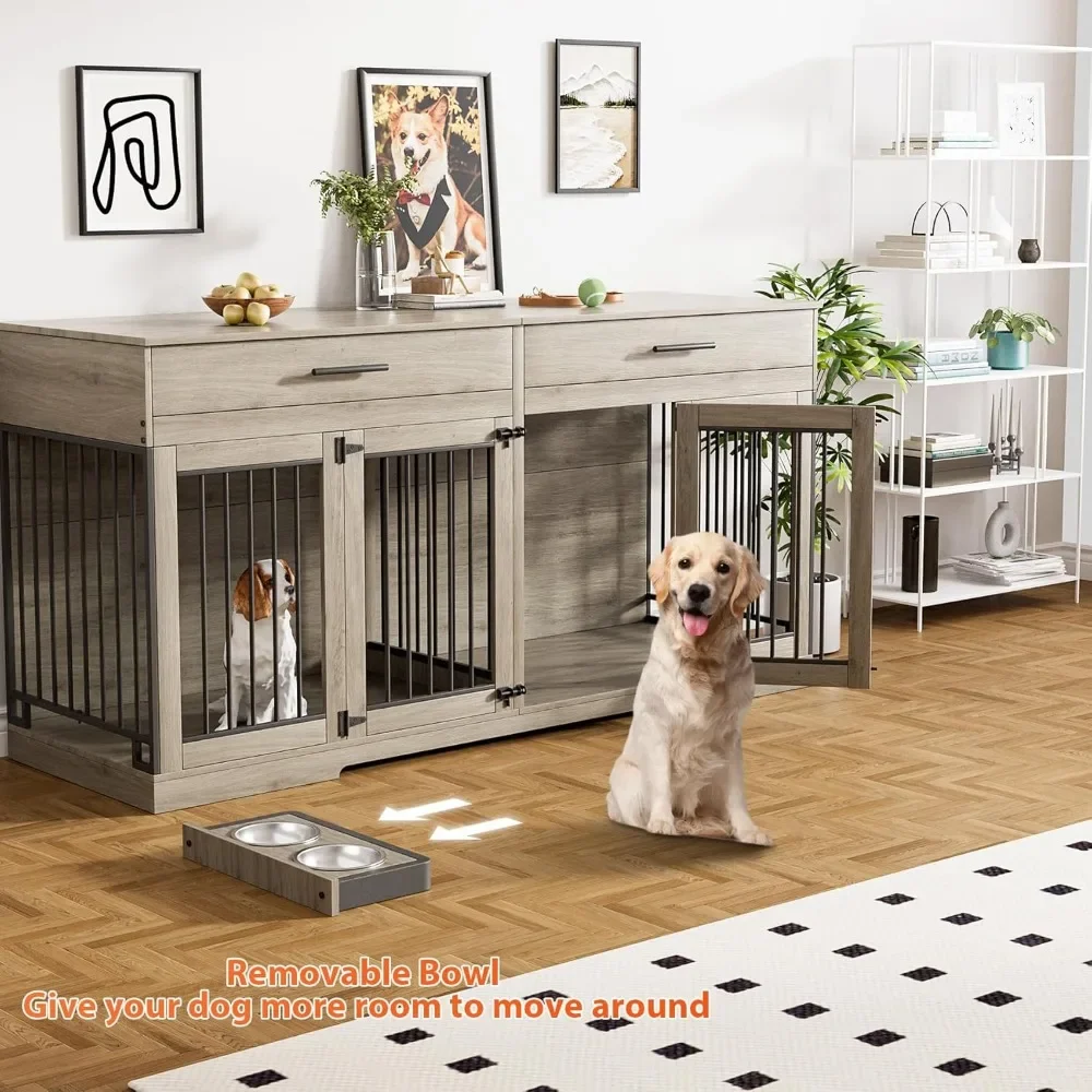 

72" Dog Crate Furniture for 2 Dogs, Large Kennel with 2 Storage Drawers & Removable Divider