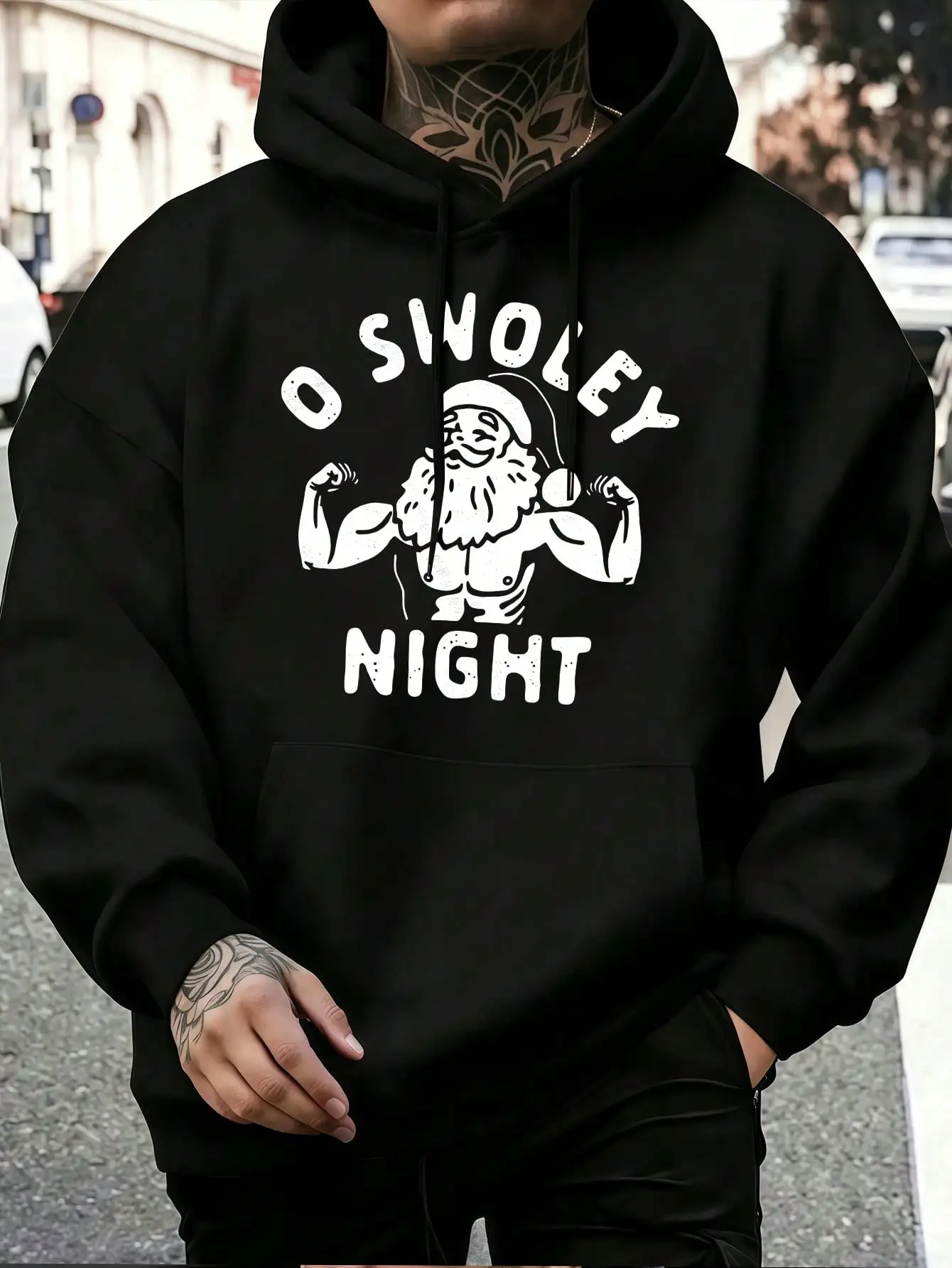 Men O Swoley Night Muscle Santa Claus Graphic Hoodie Funny Gym Fitness Santa Distressed Print Pullover Sweatshirt Autumn Winter Kangaroo Pocket Black Christmas Streetwear Hooded Tops Unisex