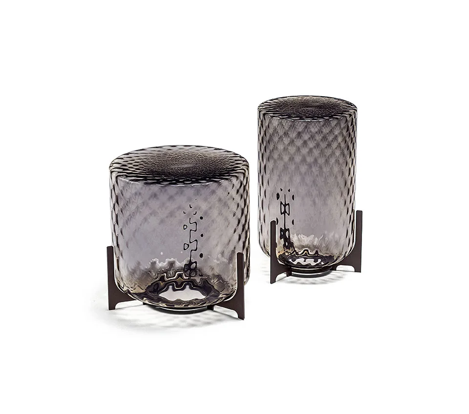 Modern color-textured glass and resin round table set with metal base, decorative nested coffee table