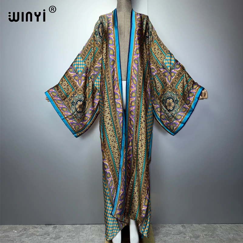 WINYI Women's Classic Pattern Print Kimono Long Bohemian Cardigan Cover-Up Stitch Casual Maxi Beach Kimono for Holiday Party