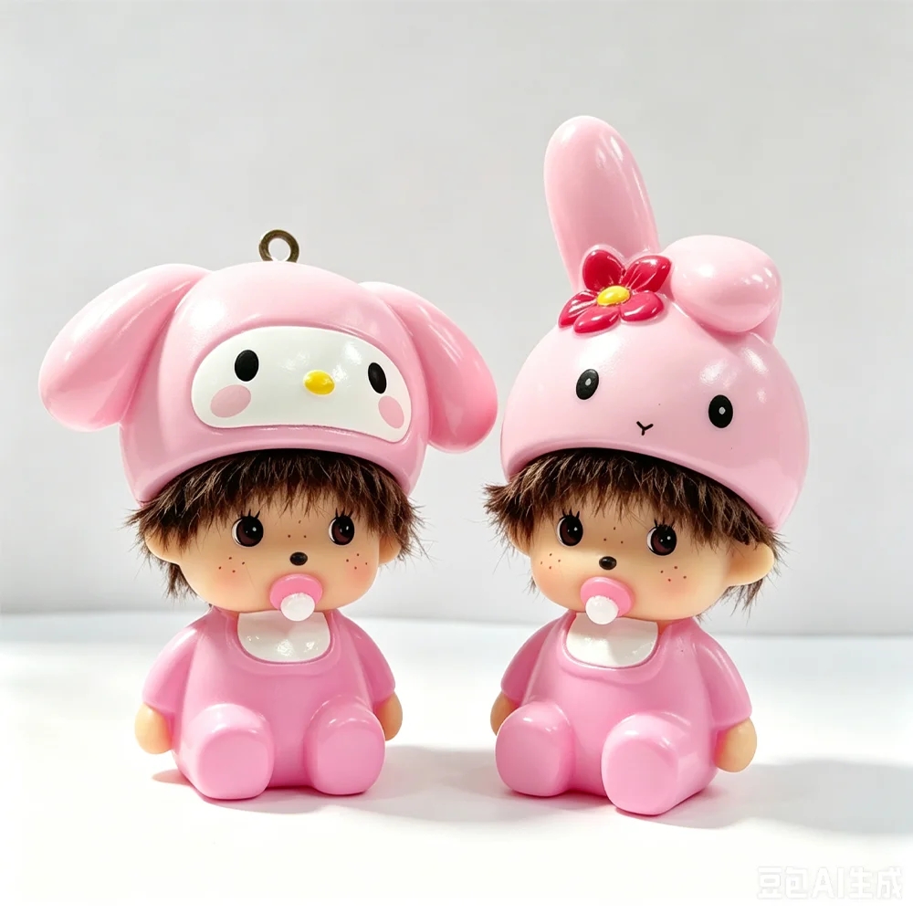Kitty Monchhichi-Puppe mit abnehmbaren Hüten, die an Taschen gehängt werden können. Niedliche, dekorative kleine Geschenke für den Geburtstag von Paaren und zum Verschenken.