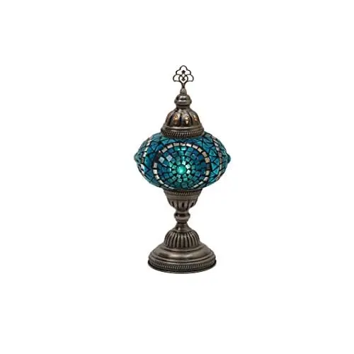 LaModaHome English Moroccan Handmade Mosaic Glass Table Lamp Light with Decorative Dark Copper Fixture for Bedroom, Livingroom a