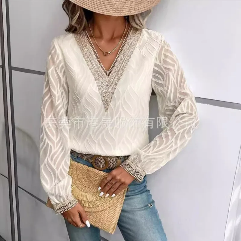 

Contrast Color Lace Top Ladies Straight T-shirt Stylish Autumn Women's V Neck Patchwork Pullover Soft Casual Daily Shirts Spring