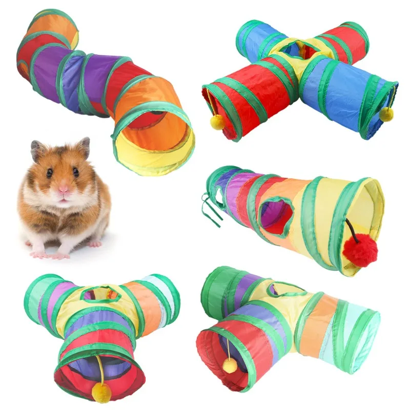 5 Styles Small Pet Tunnel Play Toys Polyester Hamster Guinea Pig Pet Collapsible Rainbow Hiding Channel Indoor Interactive Toys