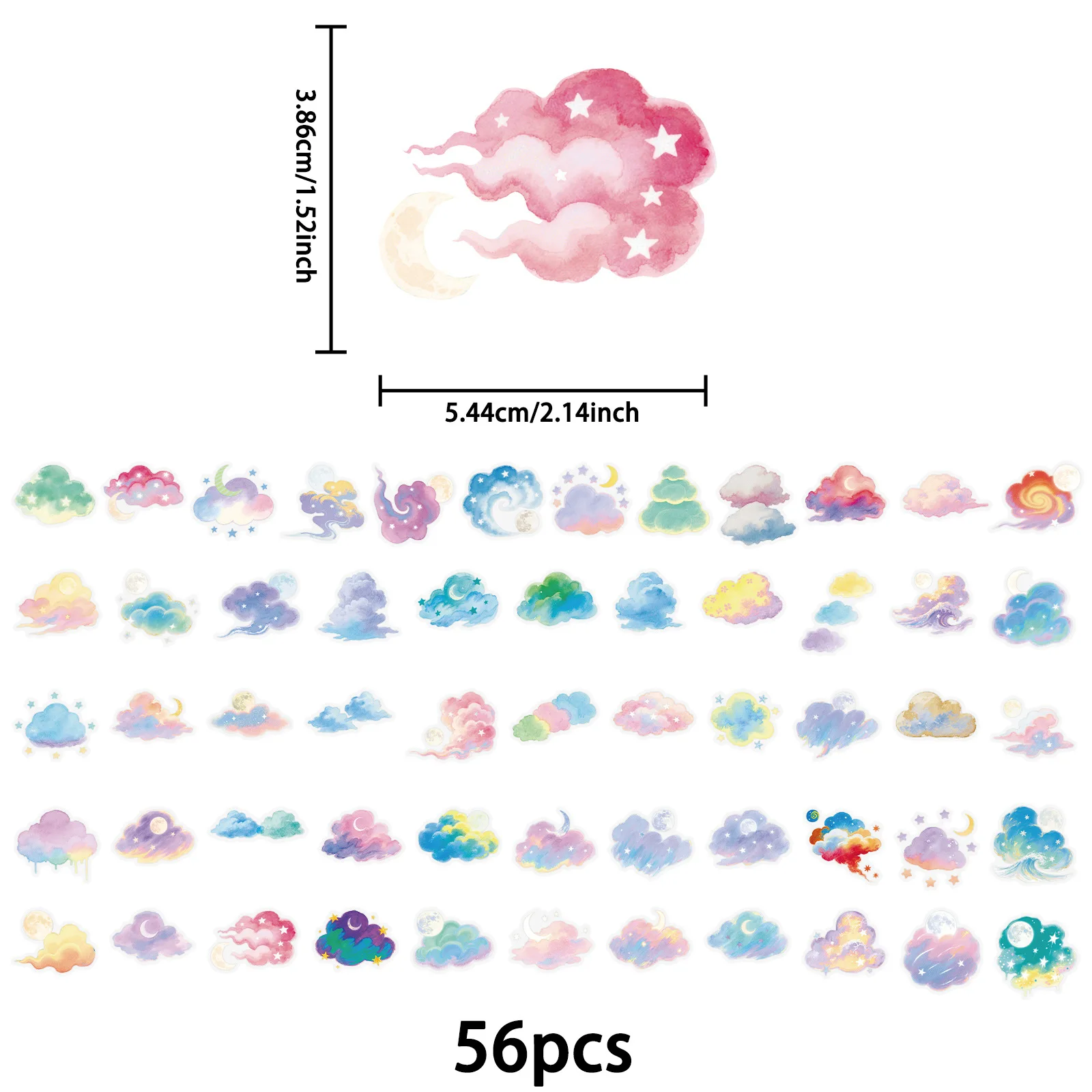 56Pcs Colorful Cloud & Moon Stickers Waterproof Decals for Notebook Luggage Guitar Stationery DIY Decor