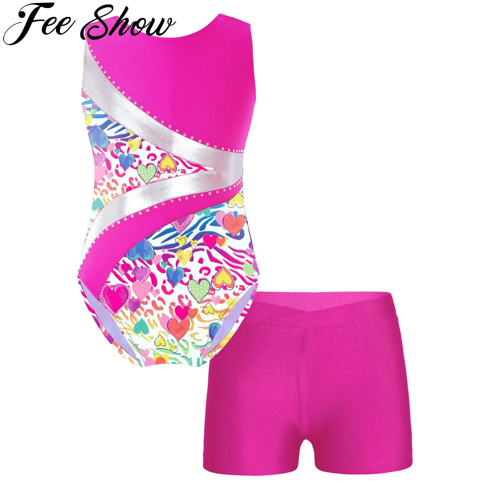 

Kid Girls Ballet Dance Performance Competition Outfits Sets Sleeveless Shiny Rhinestones Patchwork with V-front Waistband Shorts