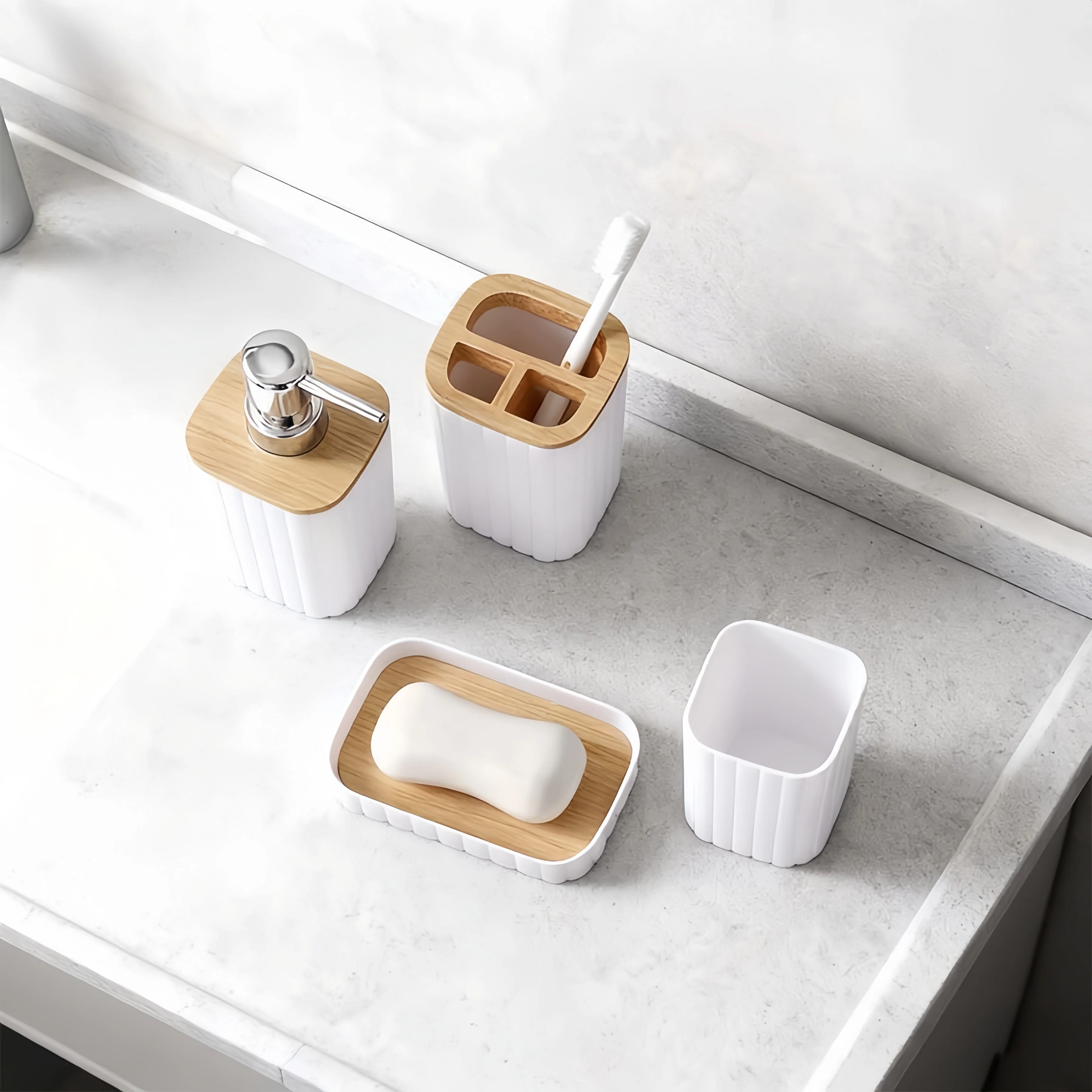 4 pcs White Bamboo Bathroom 4-Piece Set: Soap Dispenser, Toothbrush Holder, Mouthwash Cup, Soap Dish