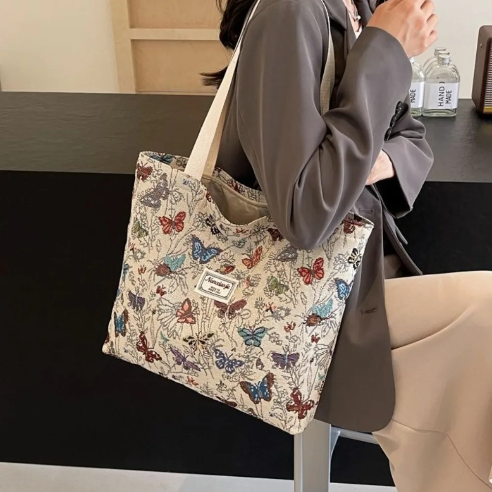 

Повседневная женская сумка-тоут с принтом бабочек, портативная сумка через плечо с цветочным узором, утолщенная, большая вместительная холщовая сумка для хранения, жаккардовая сумка-тоут