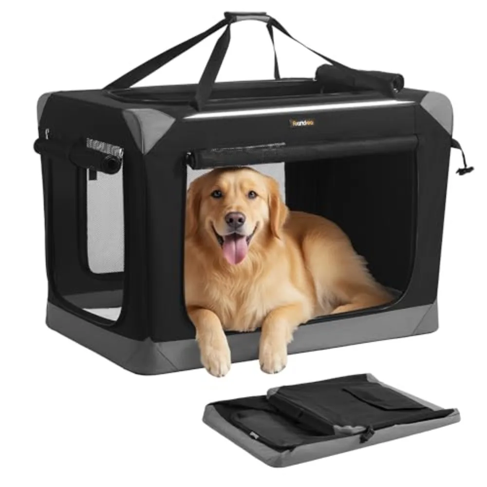 Collapsible Dog Crate, Portable Oxford Fabric Pet Travel Crate with 4 Mesh Doors, Handles, Pocket, 36 Inches, for Large