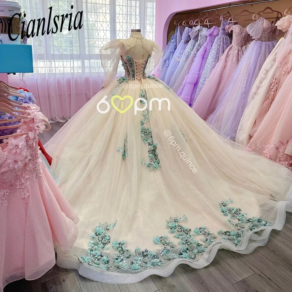 Vestidos De encaje Floral 3D champán para quinceañera, vestido De baile, corsé De corazón, dulce 15 Años