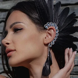 XSBODY Creative Feather Ear Cuff Non Piercing Tassel Pendant Cosplay Gothic Water Drop Rhinestone Ear Clip Earrings Holloween