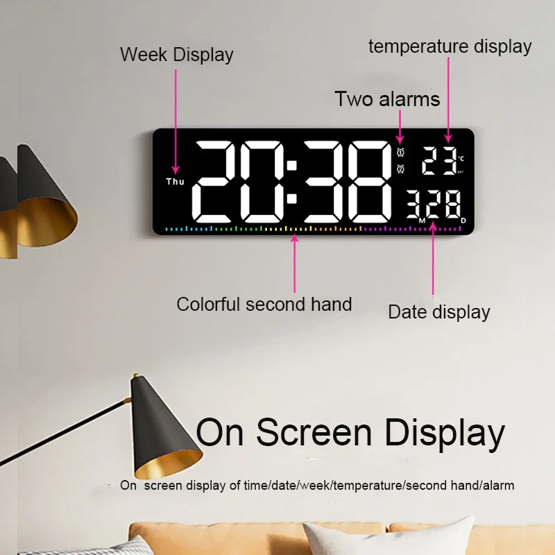 Colorful Second Hand Led Wall Calendar Clock Temperature Display and Dual Alarms Countdown Wall Home Decoration Remote Control